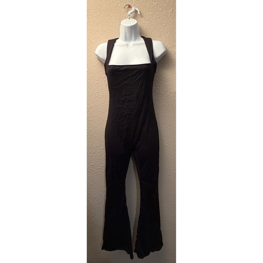 Qinsen Womens Black Flare Leg Jumpsuit Square Neck Racerback Athletic Size M